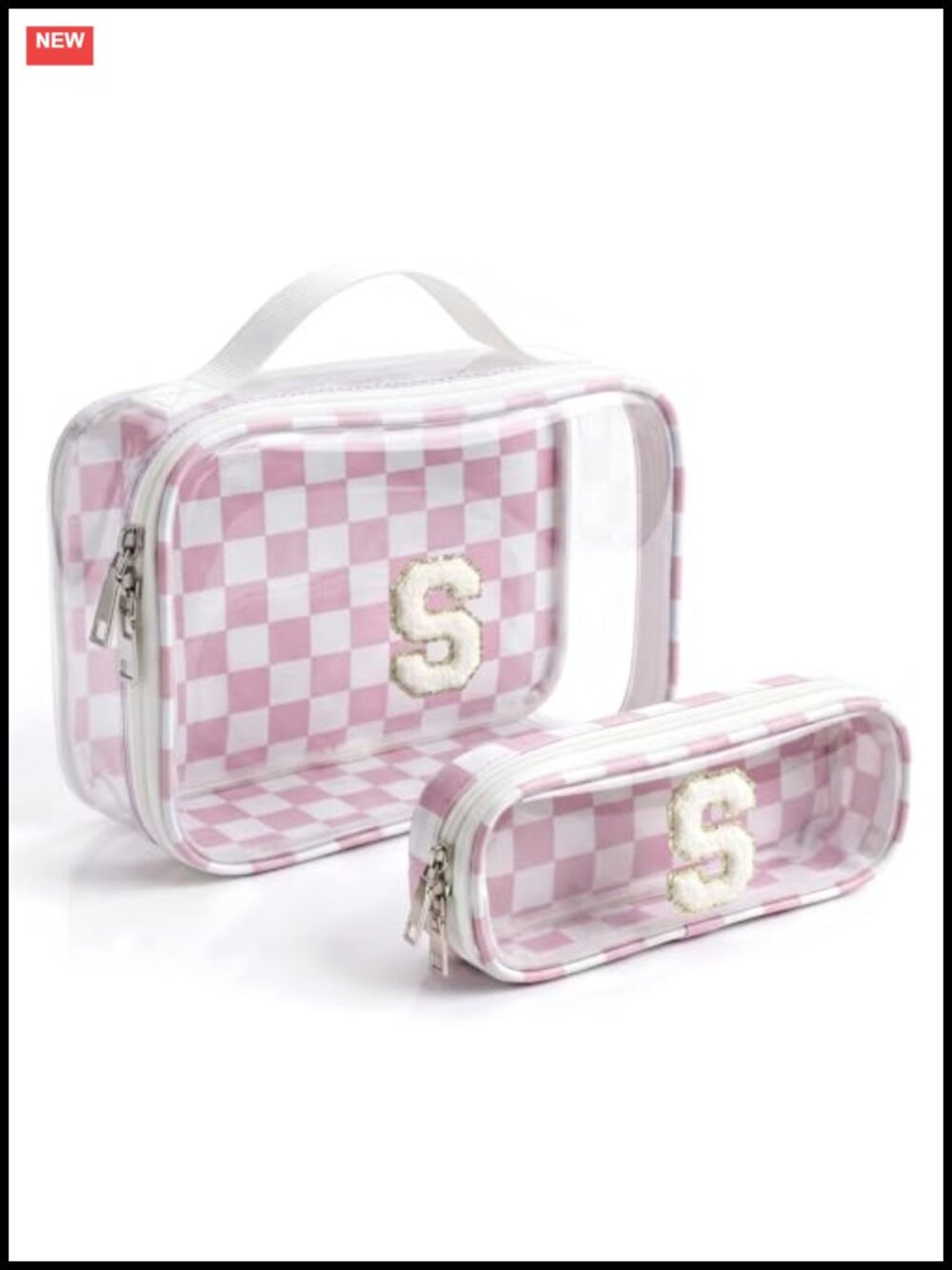 Personalized Initial Chenille Makeup Bag Set 2-Piece Clear PVC Travel Toiletry